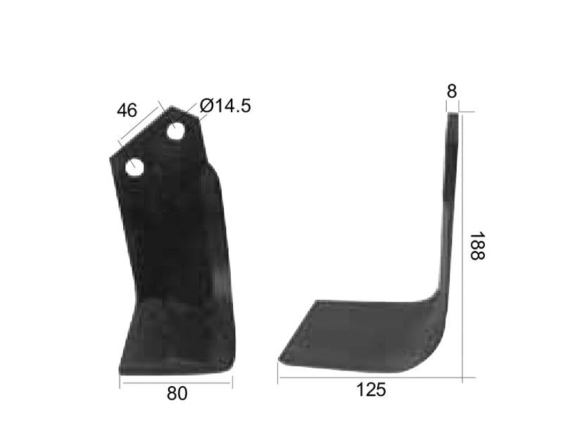 Faca Esq. 80x8mm Altura: 188mm. Centros de orifícios em: 46mm. Orifício Ø: 14.5mm. para Kverneland, Maletti (S.77563)