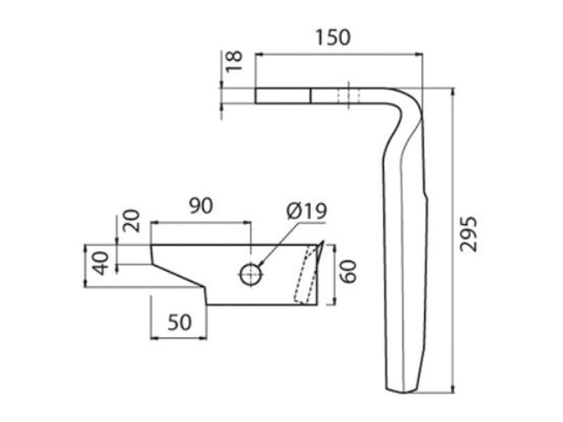 Bico 60x18x295mm Esq. Centros de orifícios em: Orifício Ø 19mm. para Amazone. Aplicavel em: 954427S (S.77584)