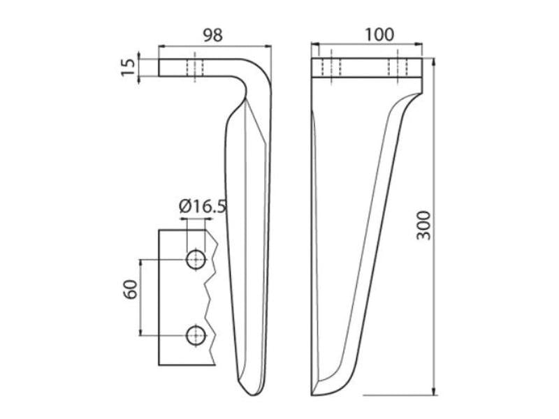 Bico 100x15x300mm Dt. Centros de orifícios em: 60mm. Orifício Ø 16.5mm. para Breviglieri. Aplicavel em: 36100215 (S.77963)