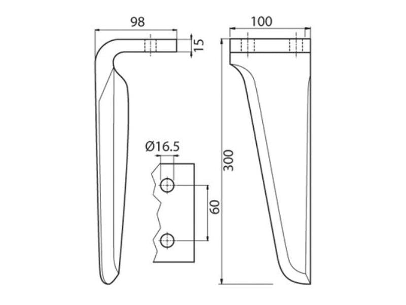 Bico 100x15x300mm Esq. Centros de orifícios em: 60mm. Orifício Ø 16.5mm. para Breviglieri. Aplicavel em: 36100216 (S.77964)