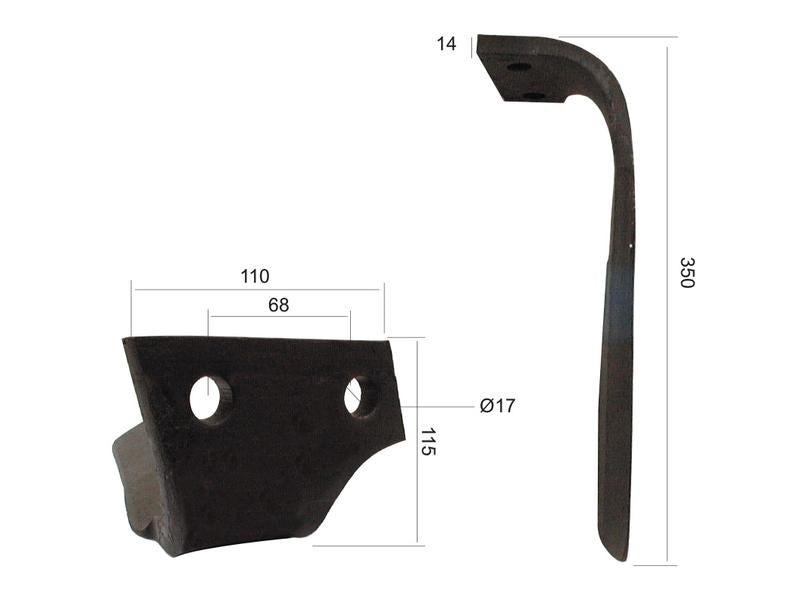 Bico 110x14x350mm Dt. Centros de orifícios em: 68mm. Orifício Ø 17mm. para Kuhn. Aplicavel em: 52552600 (S.77982)