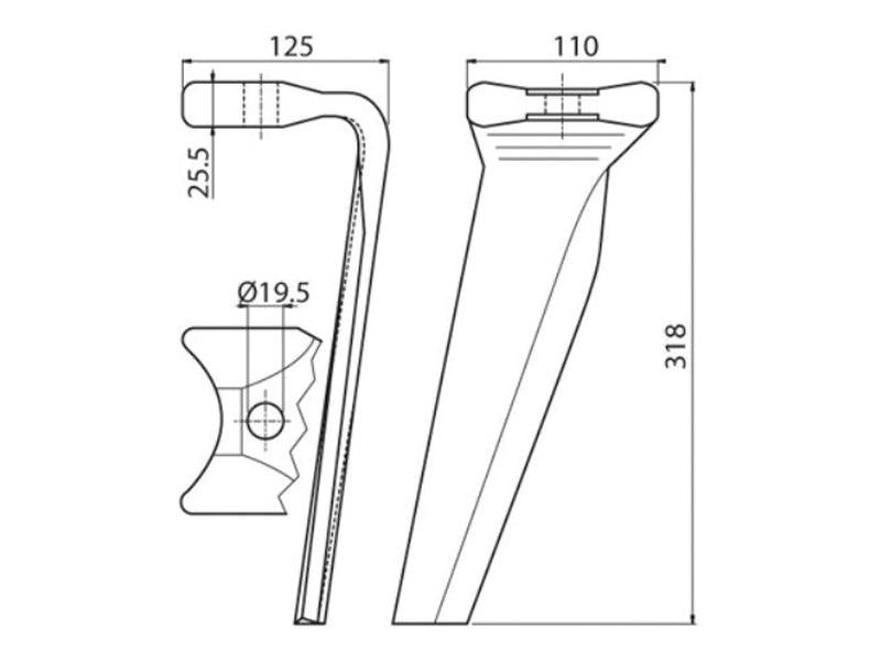 Bico 110x25.5x318mm Dt. Centros de orifícios em: Orifício Ø 19.5mm. para Kuhn. Aplicavel em: 52596410 (S.78192)