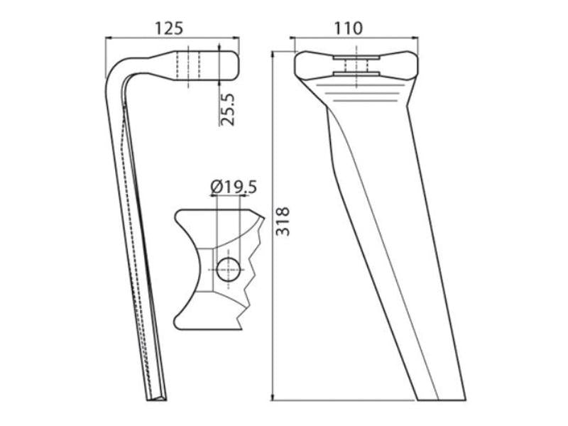 Bico 110x25.5x318mm Esq. Centros de orifícios em: Orifício Ø 19.5mm. para Kuhn. Aplicavel em: 52596510 (S.78193)