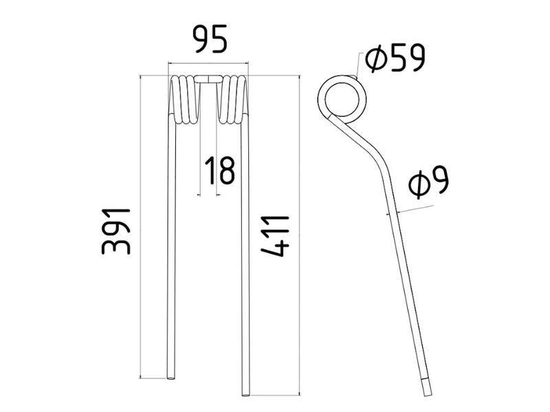 Mola - Dt. - Comp:411mm, Larg:95mm, Ø9mm - para Claas, Bautz Aplicavel em: 9024822 (S.78923)