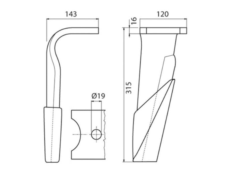 Faca para rototerra 120x16x315mm Dt.. Centros de orifícios emOrifício Ø 19mm. para Kuhn. Aplicavel em: 2500100C (S.79234)
