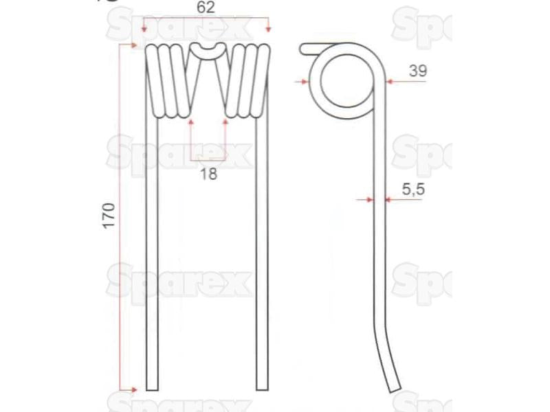 Mola Comprimento:170mm, Largura:62mm, Ø5.5mm - Acessorios para Deutz-Fahr Aplicavel em: 06572888 (S.106223)