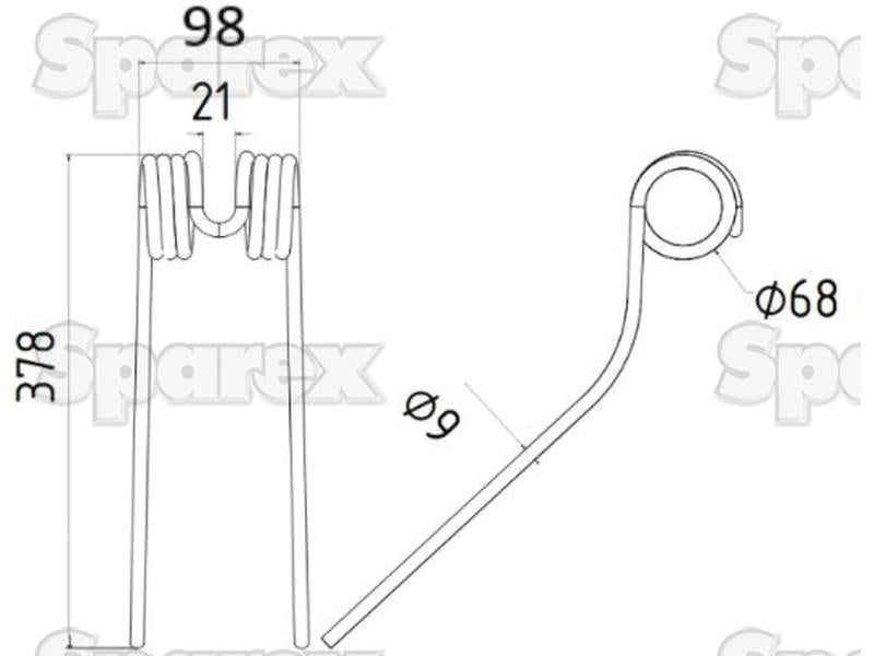 Mola Comprimento:378mm, Largura:98mm, Ø9.5mm - Acessorios para Deutz-Fahr Aplicavel em: 1662005786 (S.106286)