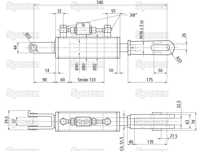 Braço Hidraulico (Fornecido com: Mangueiras), Comprimento minimo: 540mm, Diametro interno Cilindro: 80mm. (S.113922)