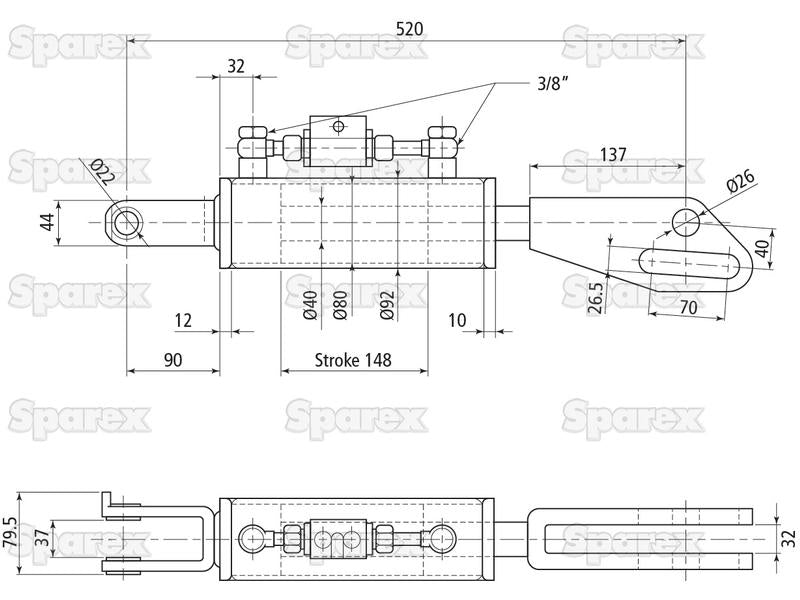 Braço Hidraulico (Fornecido com: Mangueiras), Comprimento minimo: 520mm, Diametro interno Cilindro: 80mm. (S.113924)