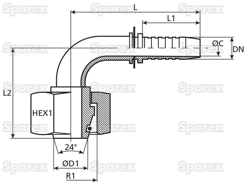 Dicsa Métrica 24° Racord 1/4'' x M16 x 1.5 (8S) Rosca Fêmea 90° Swept Swivel With O-Ring (S.116772)