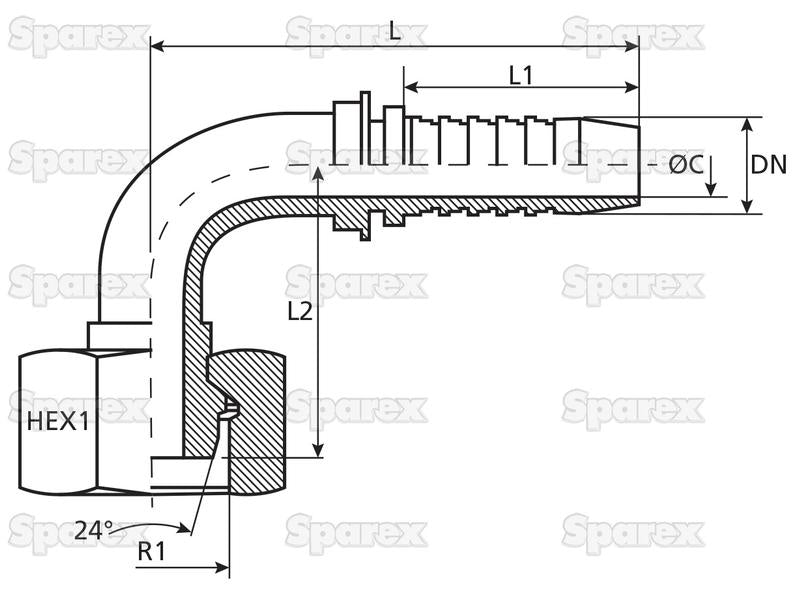 Dicsa Métrica (French Gas) 24° Racord 5/16'' x M20 x 1.5 Rosca Fêmea 90° Swept Swivel (S.116904)