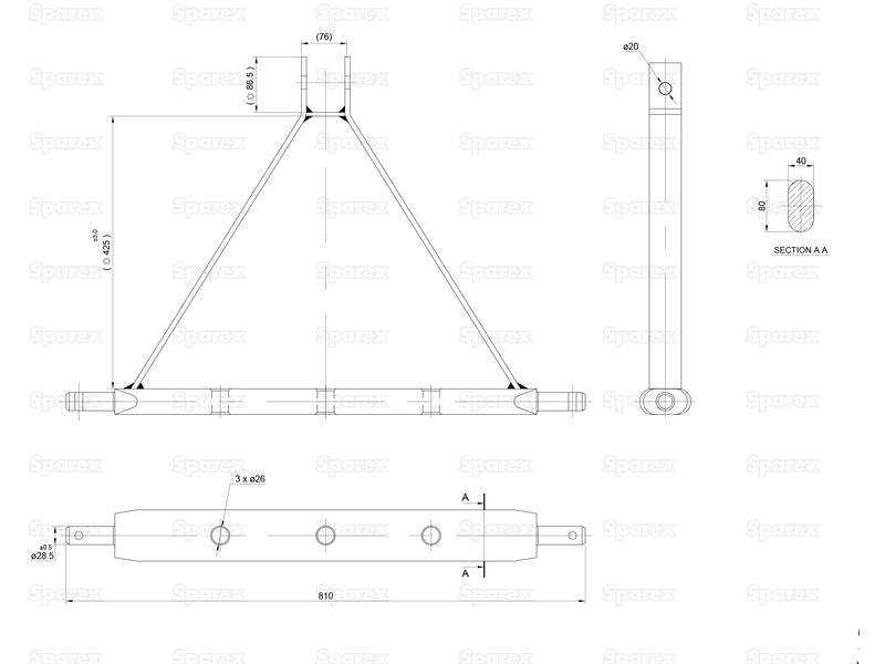 Estrutura de reboque de tres pontos (Cat. 2) Número de furos: 3, 770mm. (S.144791)