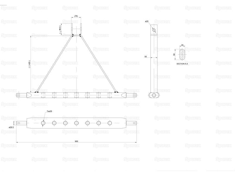 Estrutura de reboque de tres pontos (Cat. 2) Número de furos: 7, 862mm. (S.144792)