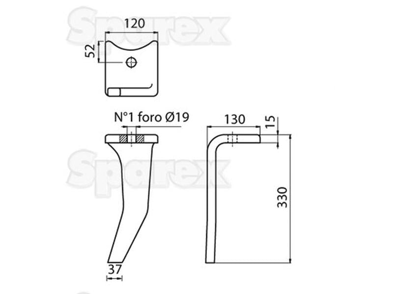 Bico 120x15x330mm Esquerdo. Centros de orifícios emOrifício Ø 19mm. Acessorios para Amazone. Aplicavel em: 967496 (S.145172)