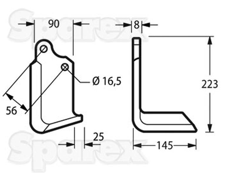 Faca Direito 90x8mm Altura: 223mm. Centros de orifícios em: 56mm. Orifício Ø: 16.5mm. Acessorios para Maschio, Valentini, Alpego (S.149226)