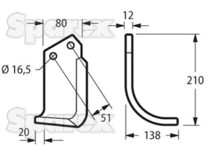 Faca Direito 80x9mm Altura: 215mm. Centros de orifícios em: 51mm. Orifício Ø: 16.5mm. Acessorios para Howard (S.155230)