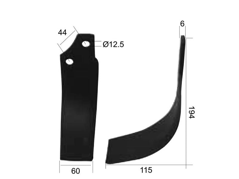 Faca Esquerdo 60x6mm Altura: 194mm. Centros de orifícios em: 44mm. Orifício Ø: 12.5mm. Acessorios para Maschio Aplicavel em: 019100424 (S.21985)