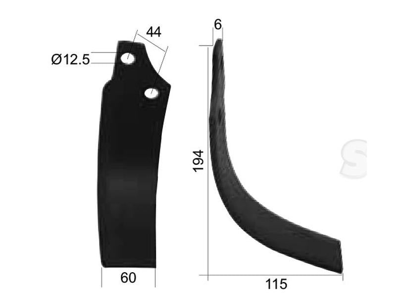 Faca Direito 60x6mm Altura: 194mm. Centros de orifícios em: 44mm. Orifício Ø: 12.5mm. Acessorios para Maschio Aplicavel em: 019100243 (S.21986)