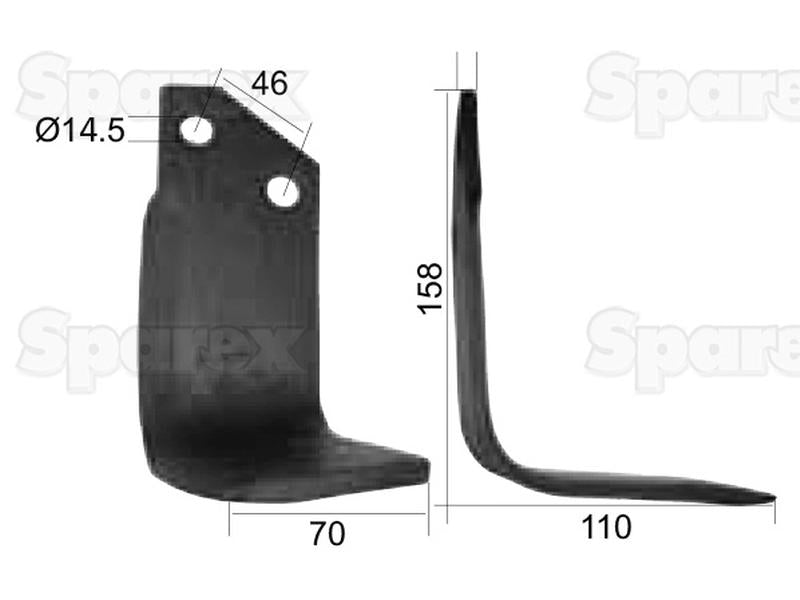 Faca Direito 70x7mm Altura: 158mm. Centros de orifícios em: 46mm. Orifício Ø: 14.5mm. Acessorios para Sovema Aplicavel em: 900111010 (S.21988)