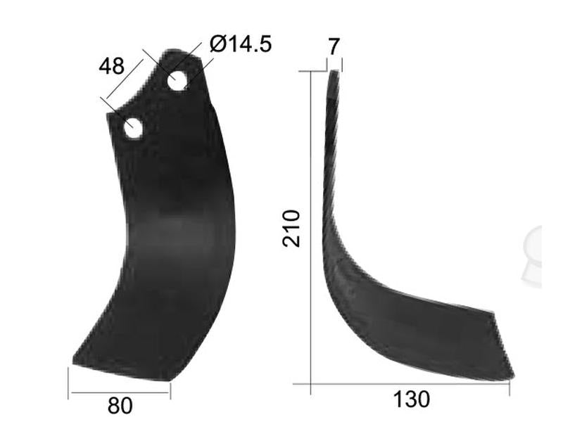 Faca Esquerdo 80x7mm Altura: 210mm. Centros de orifícios em: 48mm. Orifício Ø: 14.5mm. Acessorios para Maschio Aplicavel em: 29100403 (S.21996)