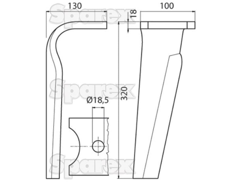 Bico 100x18x320mm Esquerdo. Centros de orifícios emOrifício Ø 18.5mm. Acessorios para Kverneland. Aplicavel em: MA44000151 (S.22926)