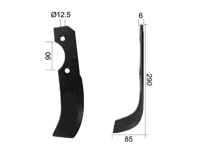 Faca Esquerdo 60x6mm Altura: 290mm. Centros de orifícios em: 90mm. Orifício Ø: 12.5mm. Acessorios para Pegoraro Aplicavel em: 3301 (S.27373)