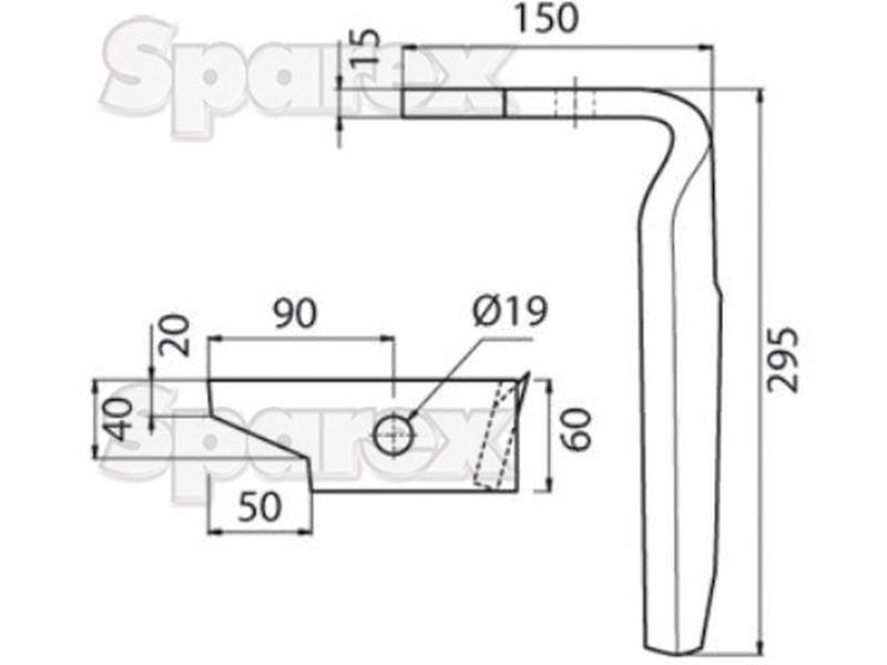 Bico 60x15x295mm Esquerdo. Centros de orifícios emOrifício Ø 19mm. Acessorios para Amazone. Aplicavel em: 951012 (S.27425)