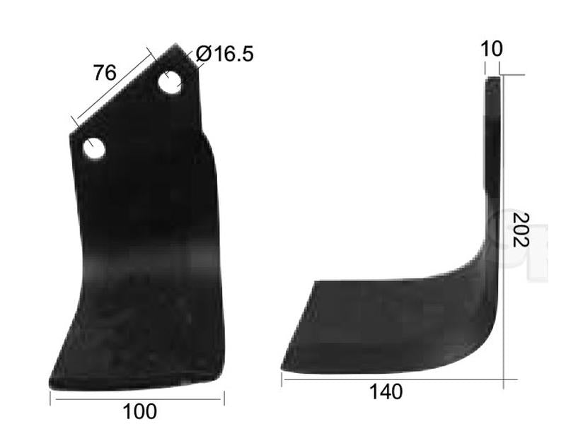 Faca Esquerdo 100x10mm Altura: 202mm. Centros de orifícios em: 76mm. Orifício Ø: 16.5mm. Acessorios para Horsch, Howard Aplicavel em: 109960 (S.27435)