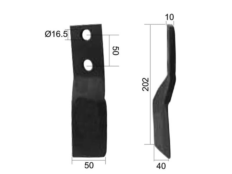 Faca Esquerdo 50x12mm Altura: 202mm. Centros de orifícios em: 50mm. Orifício Ø: 16.5mm. Acessorios para Celli Aplicavel em: 422631 (S.27437)