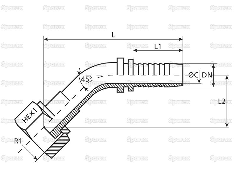 Dicsa ORFS Racord 1/2'' x 1'' Rosca Fêmea 135° Swept Swivel (S.28746)