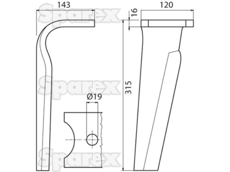 Bico 120x16x315mm Direito. Centros de orifícios emOrifício Ø 19mm. Acessorios para Kuhn. Aplicavel em: K2500100 (S.59711)