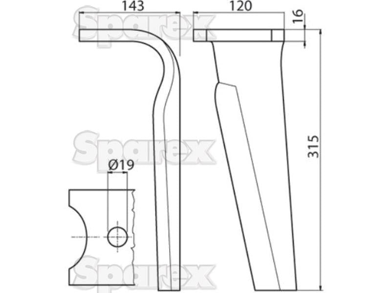 Bico 120x16x315mm Esquerdo. Centros de orifícios emOrifício Ø 19mm. Acessorios para Kuhn. Aplicavel em: K2500090 (S.59712)