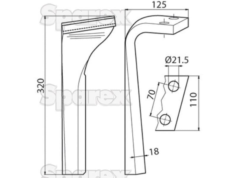 Bico 110x18x320mm Direito. Centros de orifícios em: 70mm. Orifício Ø 21.5mm. Acessorios para Lemken. Aplicavel em: 3377012 (S.59760)