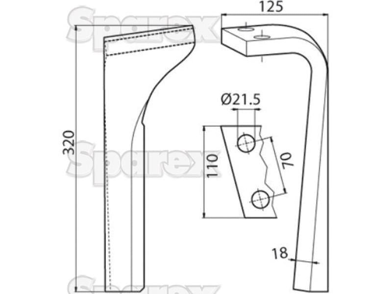 Bico 110x18x320mm Esquerdo. Centros de orifícios em: 70mm. Orifício Ø 21.5mm. Acessorios para Lemken. Aplicavel em: 3377013 (S.59761)