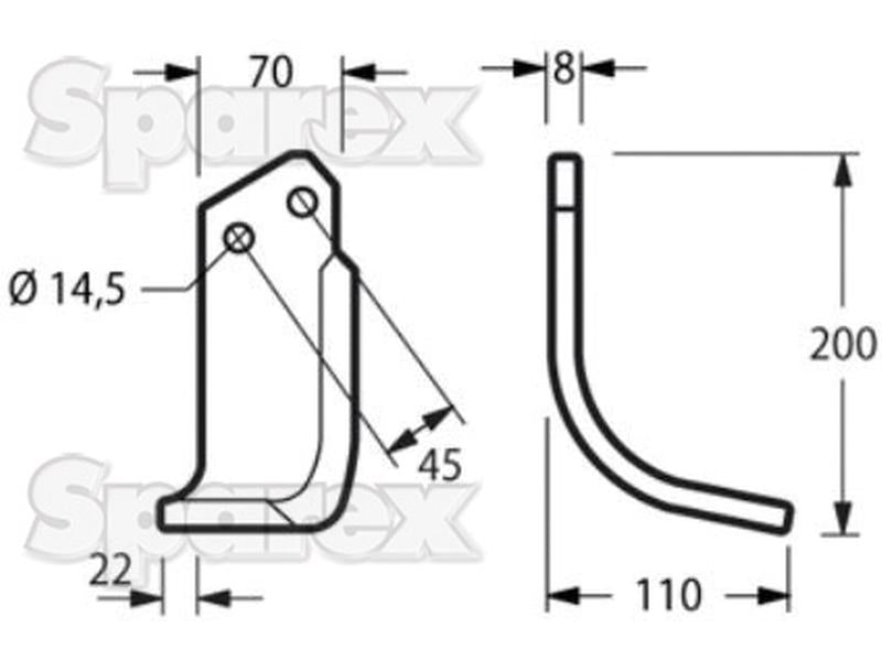 Faca Esquerdo 70x8mm Altura: 200mm. Centros de orifícios em: 45mm. Orifício Ø: 14.5mm. Acessorios para Kverneland Aplicavel em: MA0100078 (S.72309)