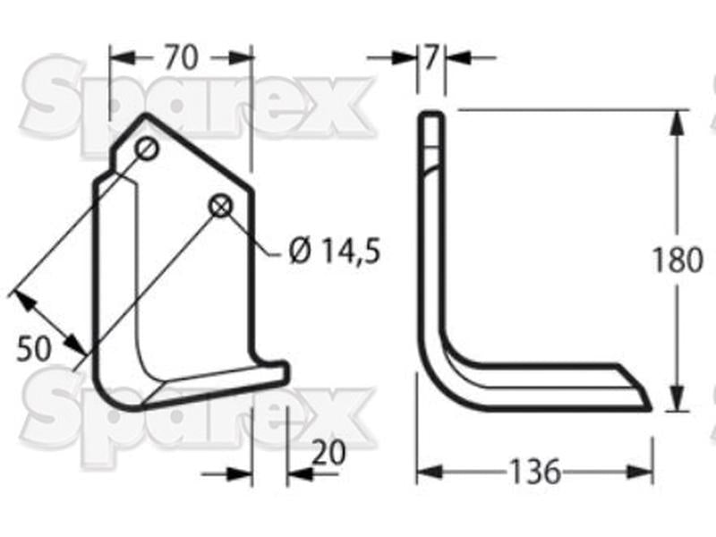 Faca Direito 70x7mm Altura: 180mm. Centros de orifícios em: 50mm. Orifício Ø: 14.5mm. Acessorios para Celli Aplicavel em: 331526 (S.72313)