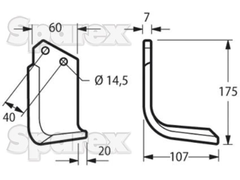 Faca Direito 60x7mm Altura: 175mm. Centros de orifícios em: 40mm. Orifício Ø: 14.5mm. Acessorios para Kverneland Aplicavel em: MA1302179 (S.72375)