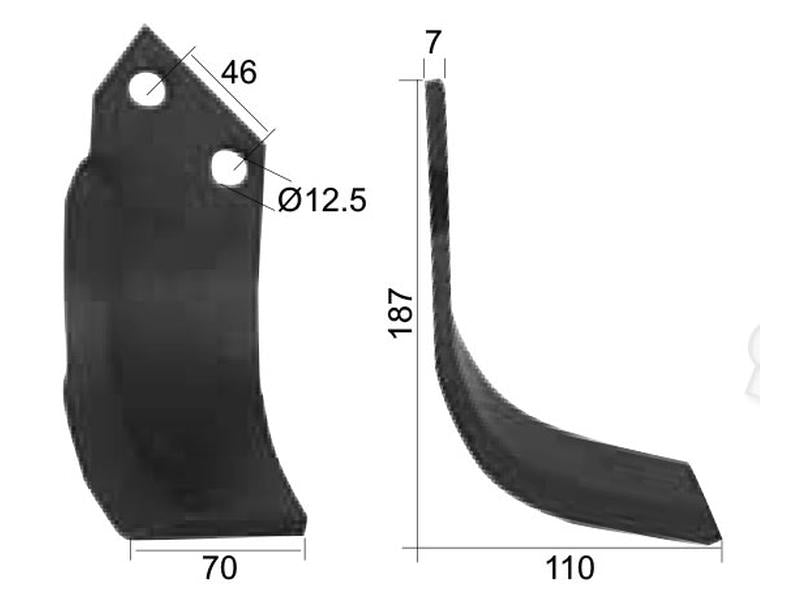 Faca Direito 70x7mm Altura: 187mm. Centros de orifícios em: 46mm. Orifício Ø: 12.5mm. Acessorios para Sovema Aplicavel em: 900111001 (S.74750)