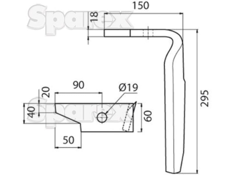 Faca para rototerra 60x18x295mm Esquerdo. Centros de orifícios emOrifício Ø 19mm. Acessorios para Amazone. Aplicavel em: 954427SC (S.74781)