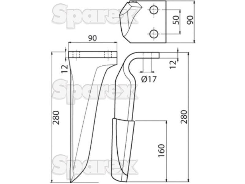 Faca para rototerra 90x12x280mm Direito. Centros de orifícios em: 50mm. Orifício Ø 17mm. Acessorios para Kverneland, Maschio. Aplicavel em: 27000209C (S.74784)