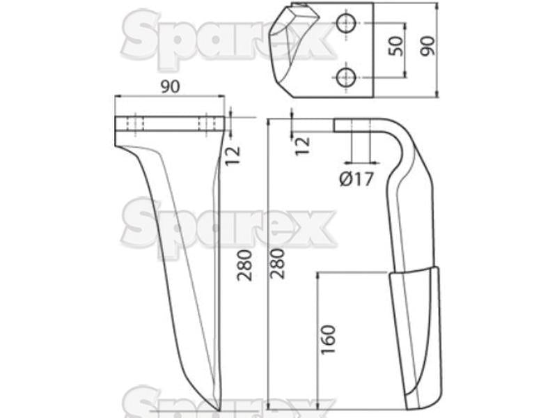 Faca para rototerra 90x12x280mm Esquerdo. Centros de orifícios em: 50mm. Orifício Ø 17mm. Acessorios para Kverneland. Aplicavel em: 27000210C (S.74785)