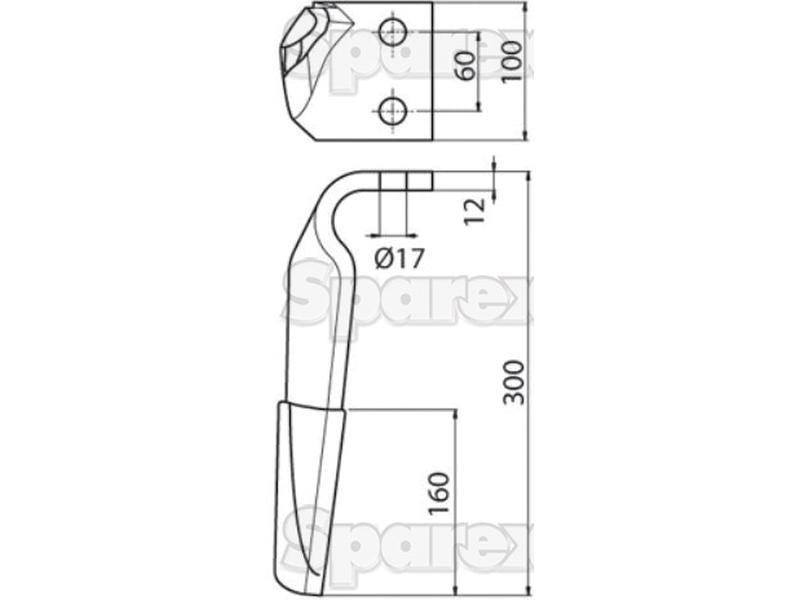 Faca para rototerra 100x12x305mm Direito. Centros de orifícios em: 60mm. Orifício Ø 16.5mm. Acessorios para Maschio. Aplicavel em: 36100211C (S.74786)