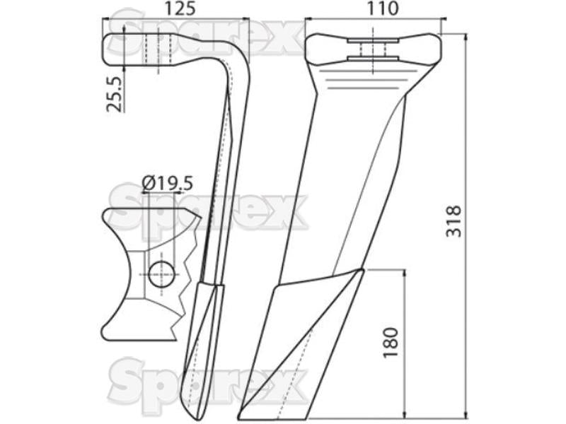 Faca para rototerra 110x25.5x318mm Direito. Centros de orifícios emOrifício Ø 19.5mm. Acessorios para Kuhn. Aplicavel em: 52596410C (S.74790)