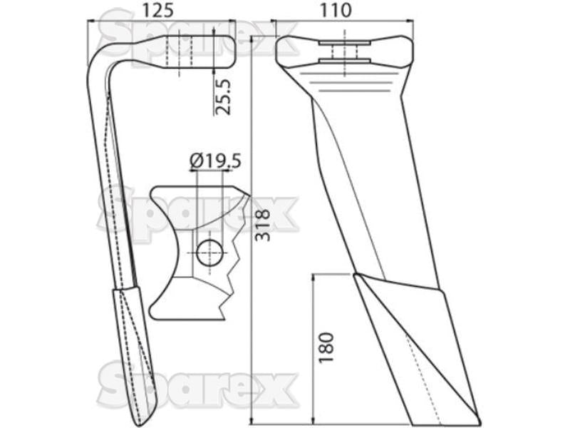 Faca para rototerra 110x25.5x318mm Esquerdo. Centros de orifícios emOrifício Ø 19.5mm. Acessorios para Kuhn. Aplicavel em: 52596510C (S.74791)