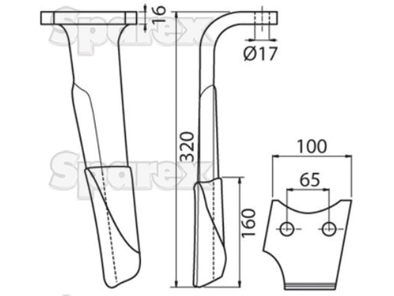 Faca para rototerra 100x16x320mm Esquerdo. Centros de orifícios em: 66mm. Orifício Ø 17.5mm. Acessorios para Perugini (Concept-Ransome), Rabewerk. (S.74793)