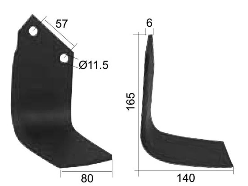 Faca Direito 80x6mm Altura: 165mm. Centros de orifícios em: 57mm. Orifício Ø: 11.5mm. Acessorios para Dowdeswell, Howard, Kuhn Aplicavel em: 9901 (S.77231)