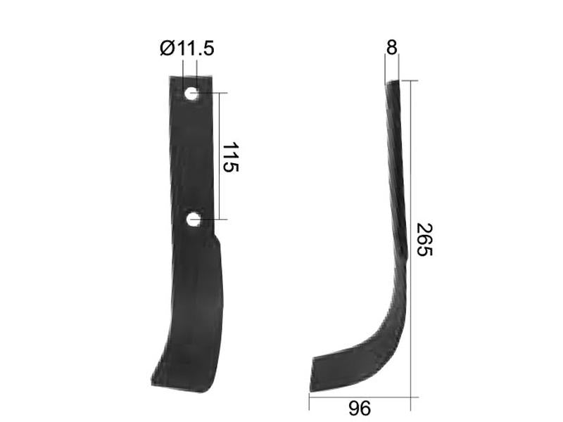 Faca Esquerdo 40x8mm Altura: 265mm. Centros de orifícios em: 115mm. Orifício Ø: 11.5mm. Acessorios para Dowdeswell, Howard Aplicavel em: 9941 (S.77234)