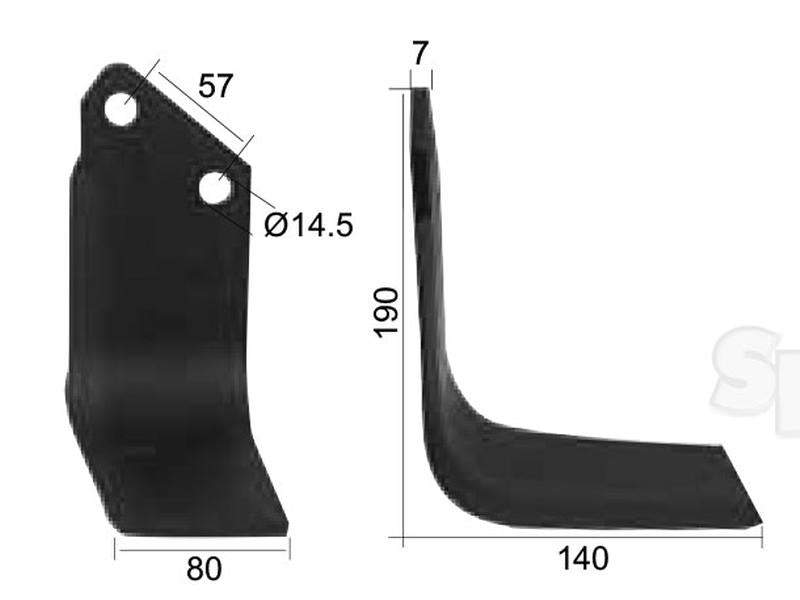 Faca Direito 80x7mm Altura: 190mm. Centros de orifícios em: 57mm. Orifício Ø: 14.5mm. Acessorios para Krone Aplicavel em: 036273 (S.77250)