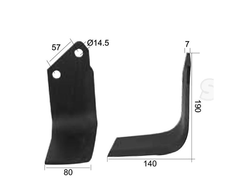 Faca Esquerdo 80x7mm Altura: 190mm. Centros de orifícios em: 57mm. Orifício Ø: 14.5mm. Acessorios para Krone Aplicavel em: 036395 (S.77251)