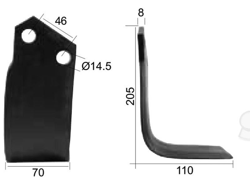 Faca Direito 70x8mm Altura: 205mm. Centros de orifícios em: 46mm. Orifício Ø: 14.5mm. Acessorios para Breviglieri, Maletti Aplicavel em: 30412 (S.77268)